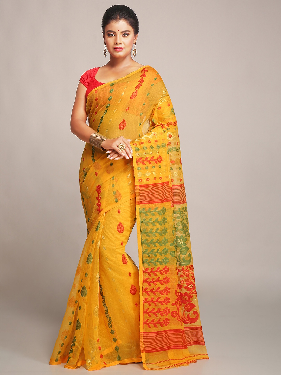 

BENGAL HANDLOOM Yellow & Red Woven Design Cotton Silk Jamdani Saree