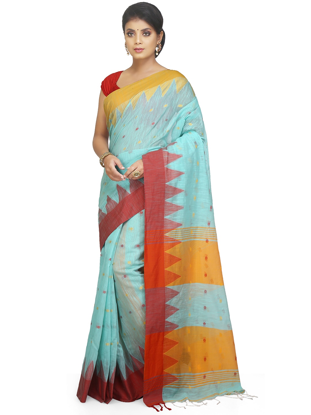 

BENGAL HANDLOOM Abstract Printed Silk Cotton Taant Saree, Turquoise blue
