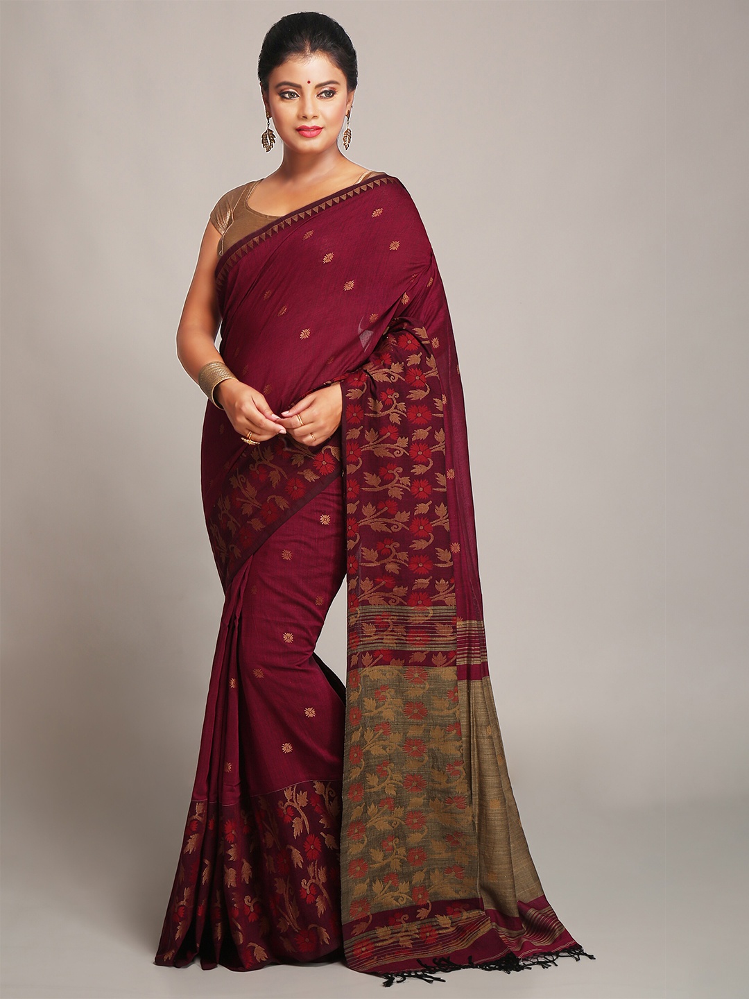 

BENGAL HANDLOOM Red & Beige Woven Design Soft Coton Taant Saree