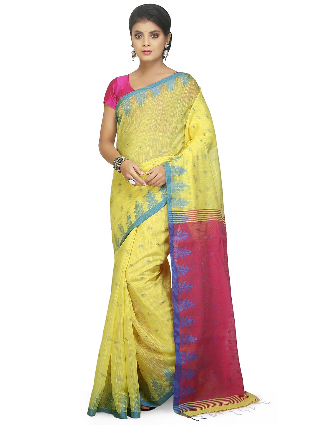 

BENGAL HANDLOOM Yellow & Pink Ethnic Woven Design Cotton Silk Taant Saree