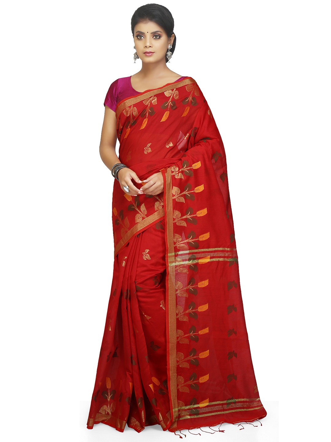 

BENGAL HANDLOOM Floral Woven Design Zari Silk Cotton Taant Saree, Red