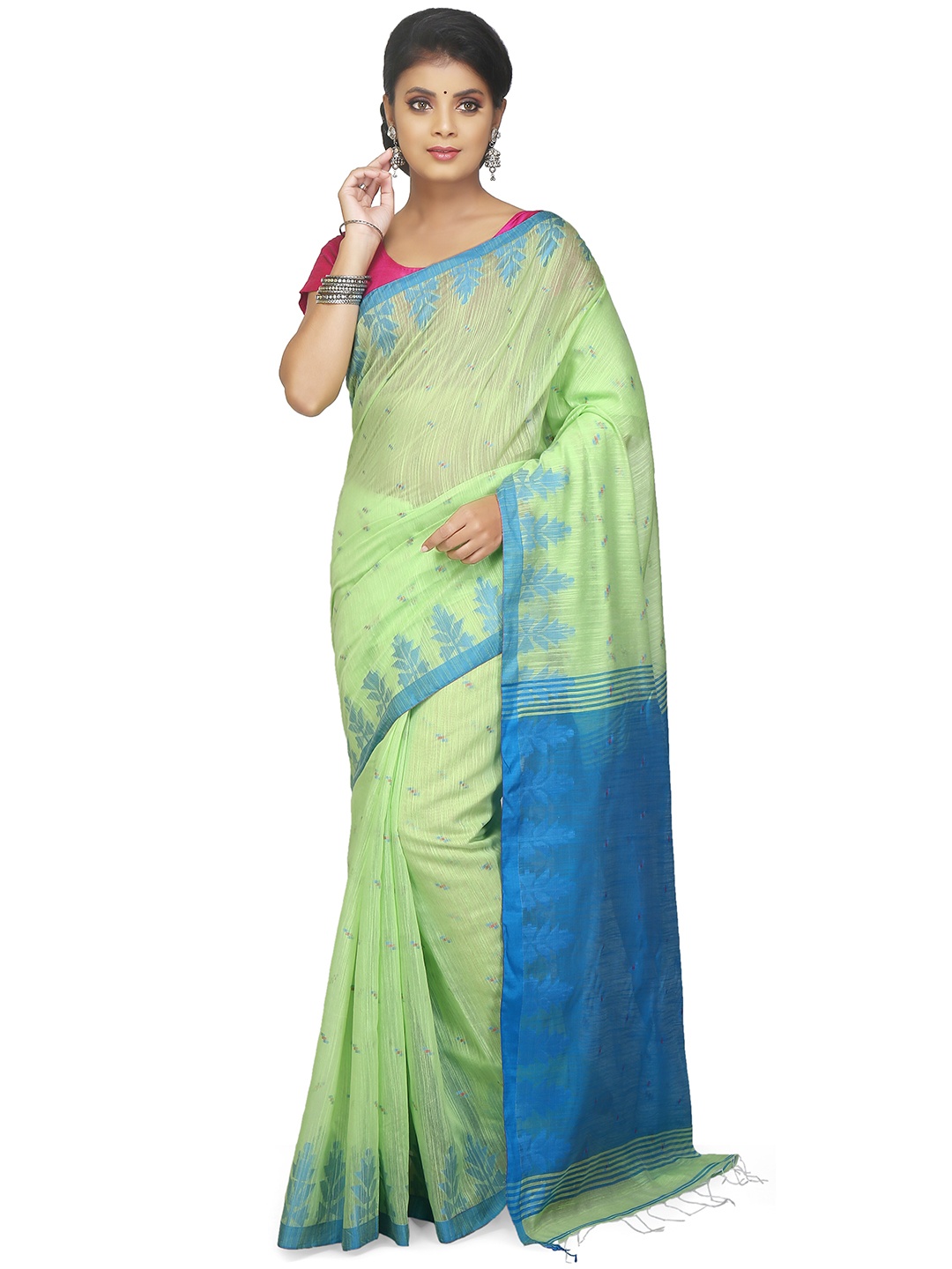 

BENGAL HANDLOOM Ethnic Motifs Woven Design Silk Cotton Taant Saree, Green