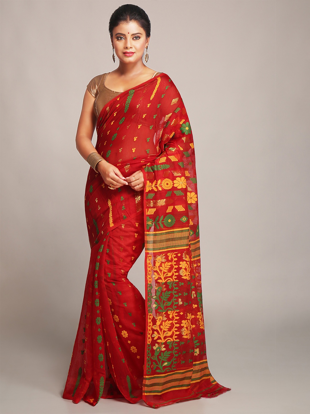 

BENGAL HANDLOOM Red & Yellow Ethnic Woven Design Cotton Silk Jamdani Saree