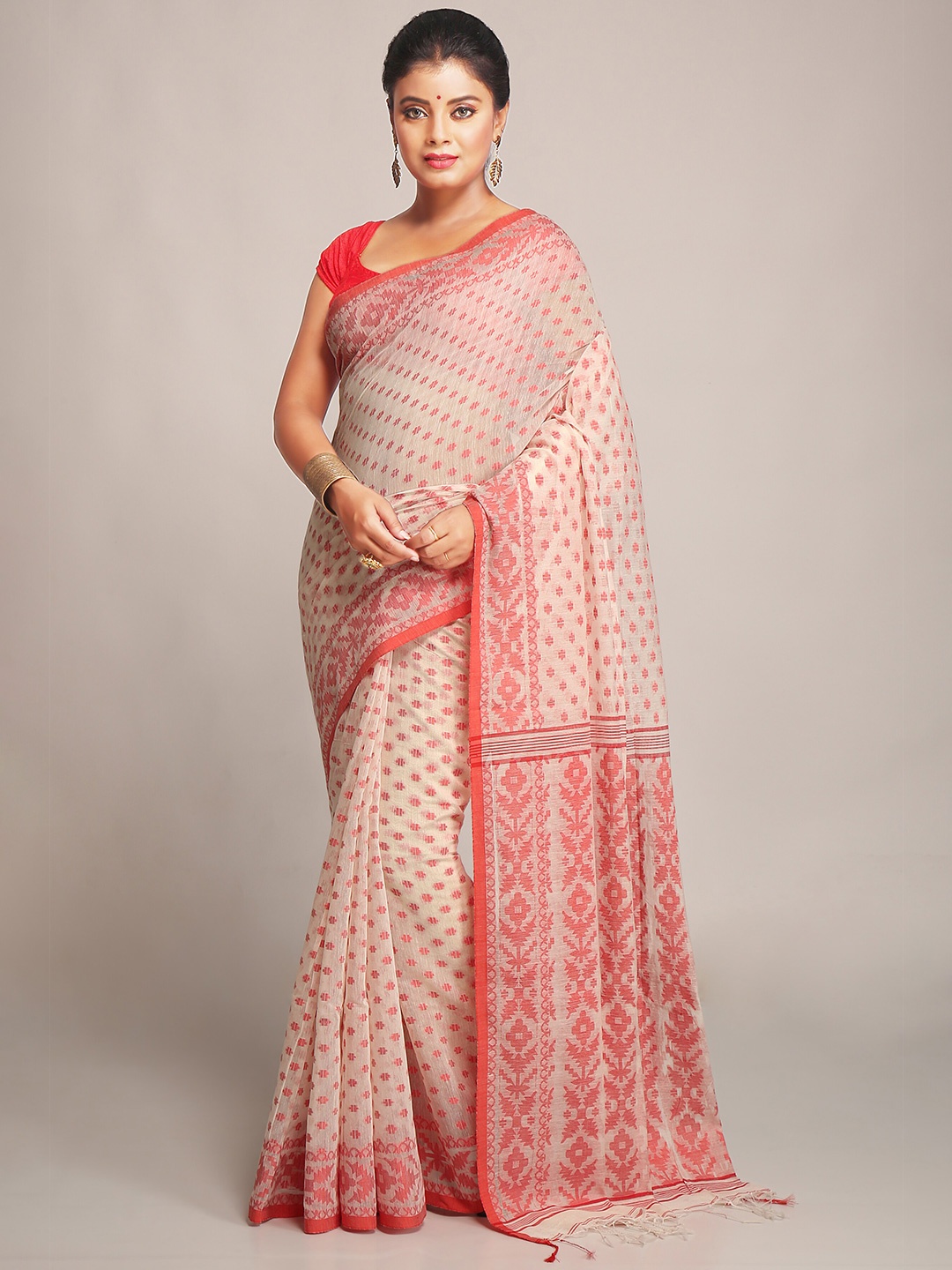 

BENGAL HANDLOOM Ethnic Motifs Woven Design Pure Cotton Taant Saree, White
