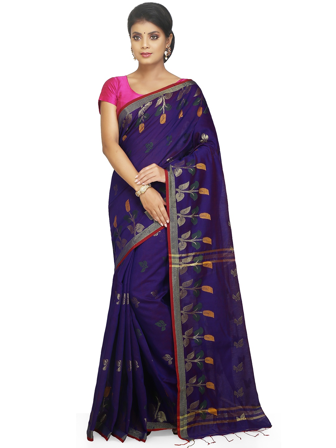 

BENGAL HANDLOOM Blue & GoldToned Ethnic Woven Design Cotton Silk Taant Saree