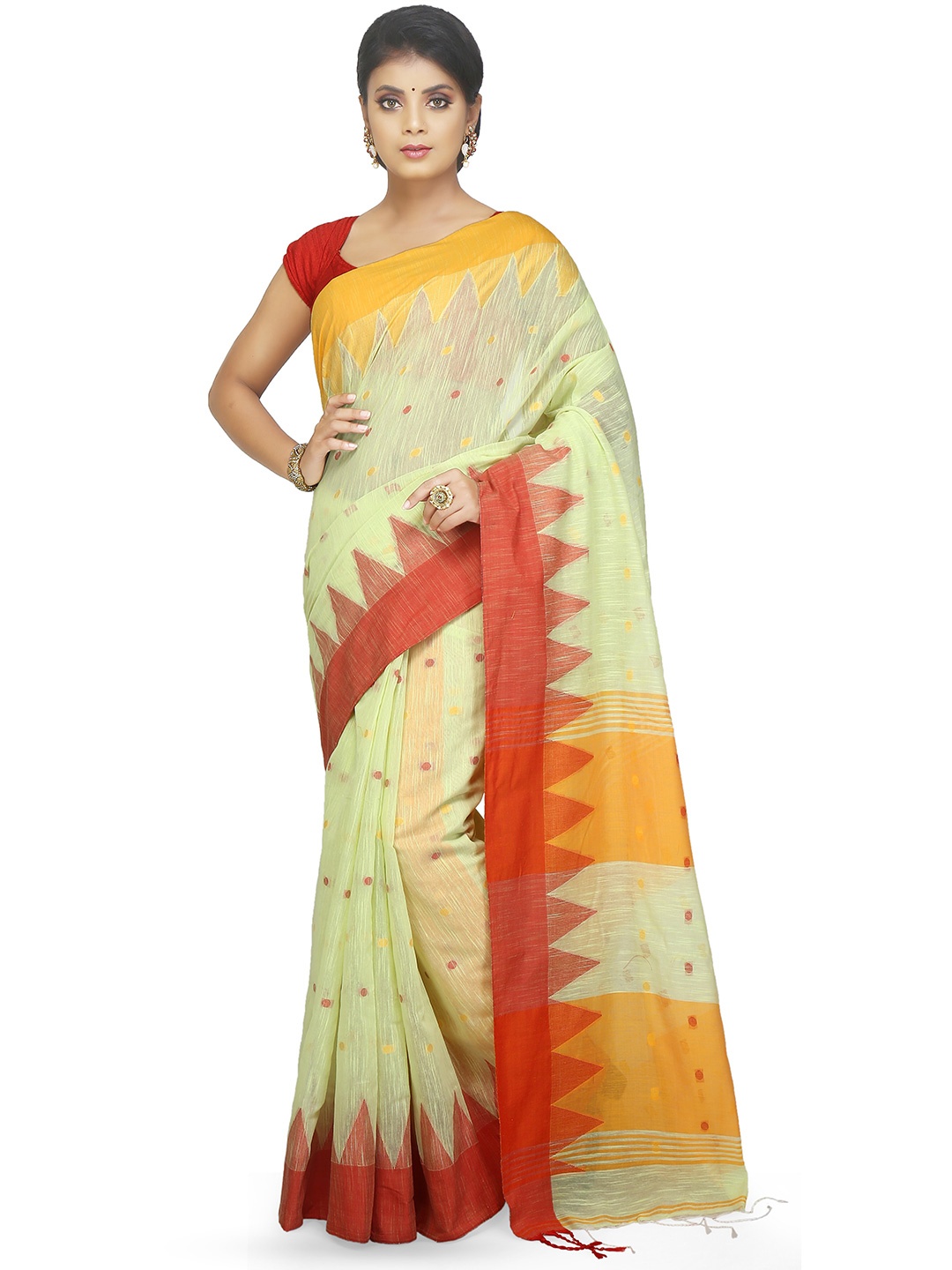 

BENGAL HANDLOOM Cream Coloured & Orange Woven Design Silk Cotton Taant Saree