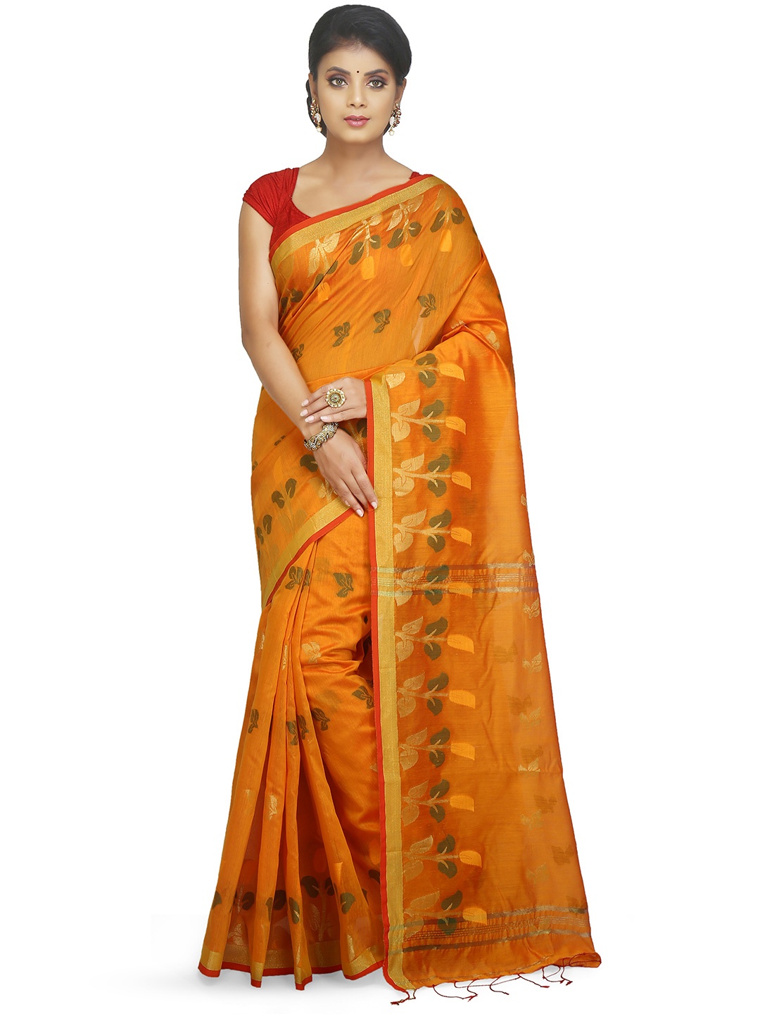 

BENGAL HANDLOOM Orange & Green Ethnic Woven Design Cotton Silk Taant Saree