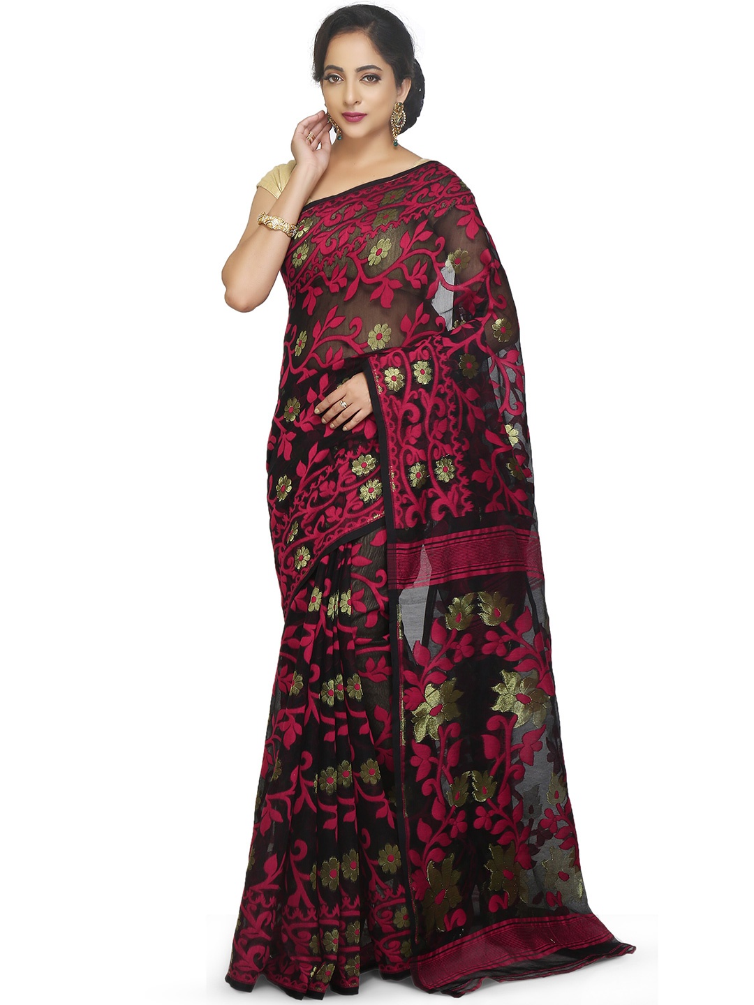 

BENGAL HANDLOOM Black & Red Ethnic Woven Design Cotton Silk Jamdani Saree