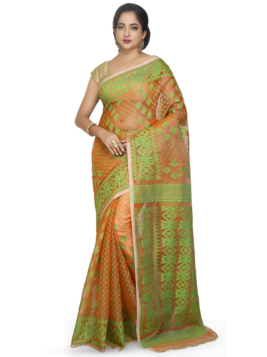 

BENGAL HANDLOOM Orange & Green Ethnic Woven Cotton Silk Jamdani Saree