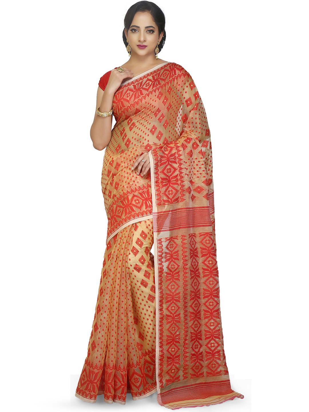 

BENGAL HANDLOOM Beige & Red Ethnic Woven Design Cotton Silk Soft Jamdani Taant Saree