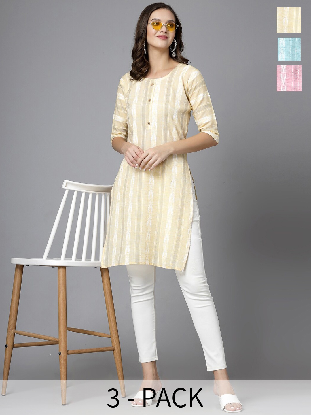 

KALINI Set of 3 Striped Printed Round Neck Cotton Straight Kurta, Beige
