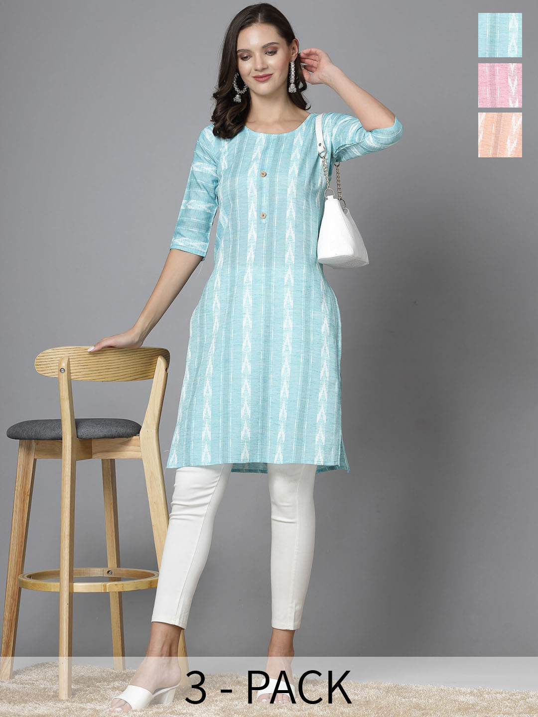 

KALINI Set of 3 Striped Printed Round Neck Cotton Straight Kurta, Pink