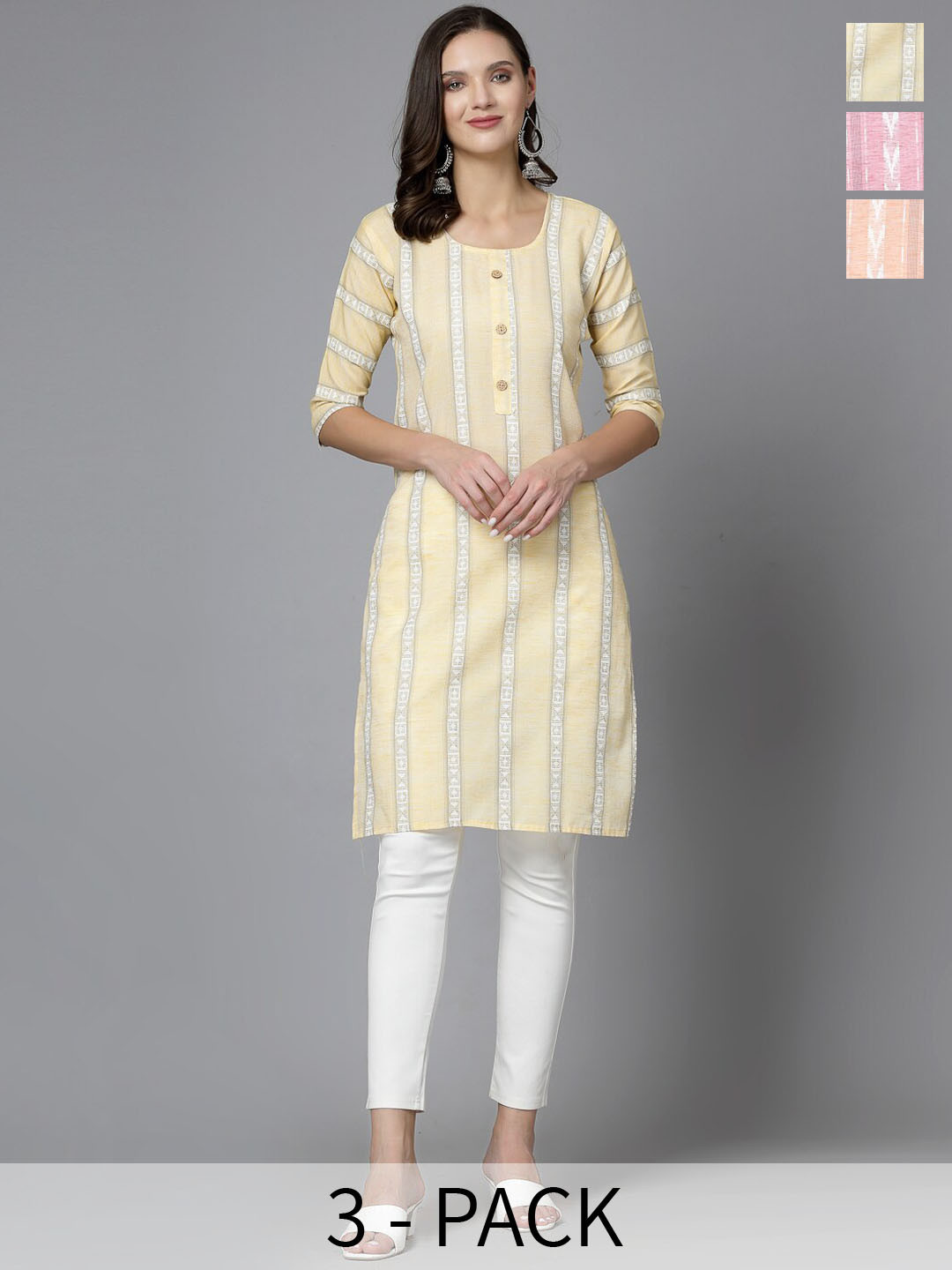 

KALINI Set of 3 Striped Printed Round Neck Cotton Straight Kurta, Yellow