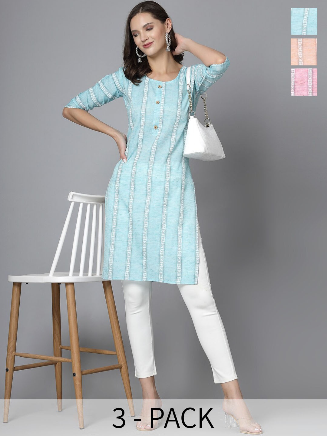 

KALINI Set of 3 Striped Printed Round Neck Cotton Straight Kurtas, Pink