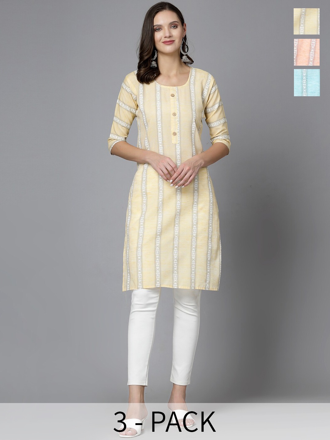 

KALINI Set of 3 Striped Printed Round Neck Cotton Straight Kurtas, Yellow