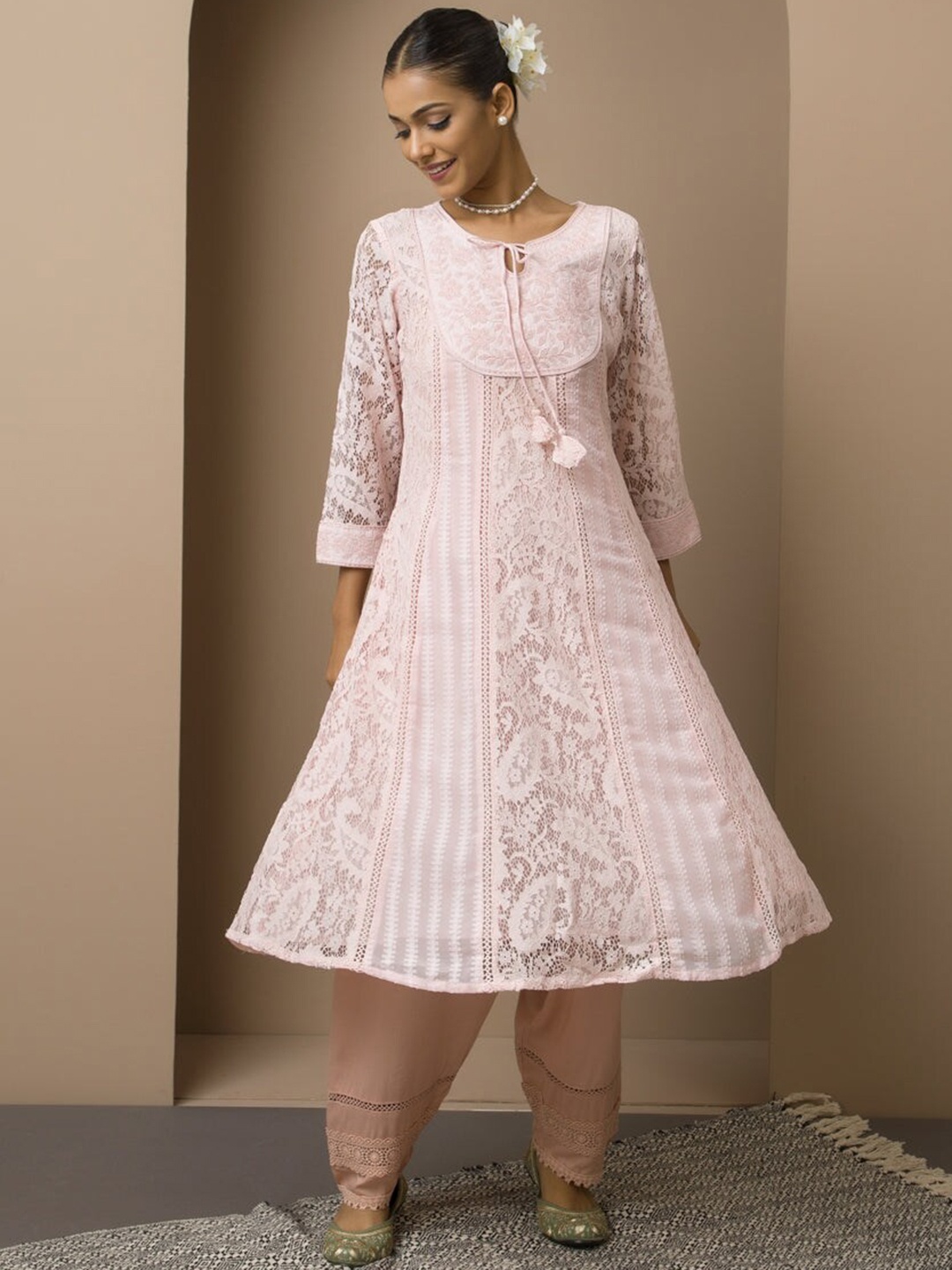 

Lakshita Ethnic Motifs Woven Design Keyhole Neck Anarkali Kurta, Pink