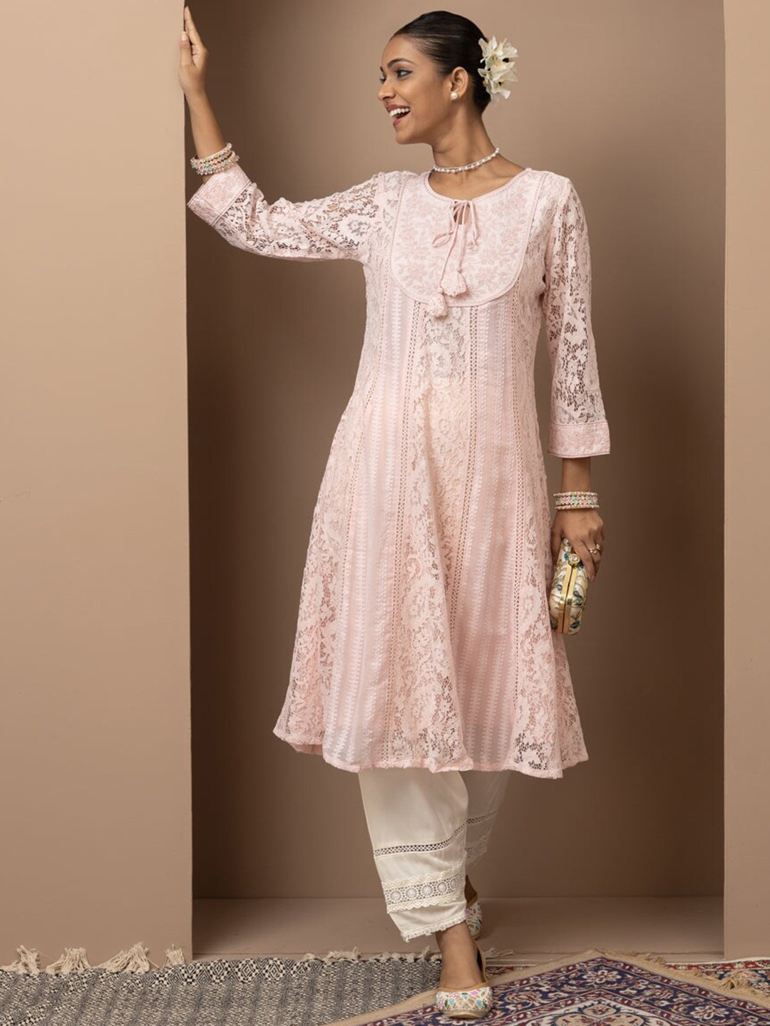 

Lakshita Ethnic Motifs Woven Design Keyhole Neck Anarkali Kurta, Pink