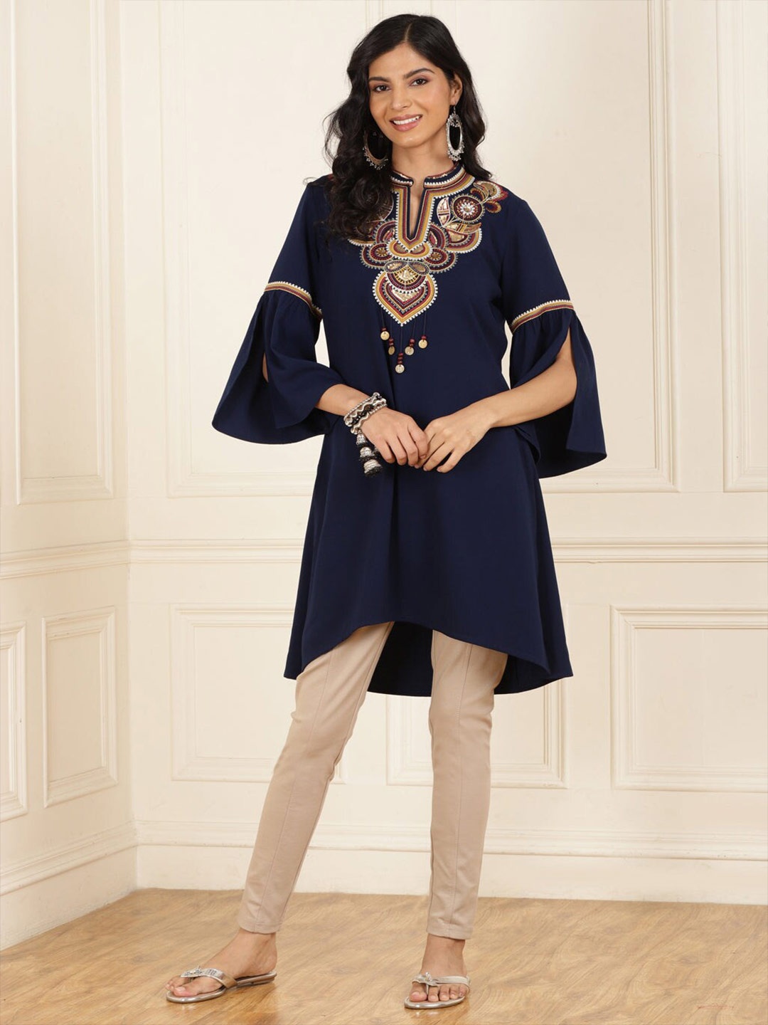 

Lakshita Ethnic Motifs Embroidered Mandarin Collar Bell Sleeves Tunic, Navy blue