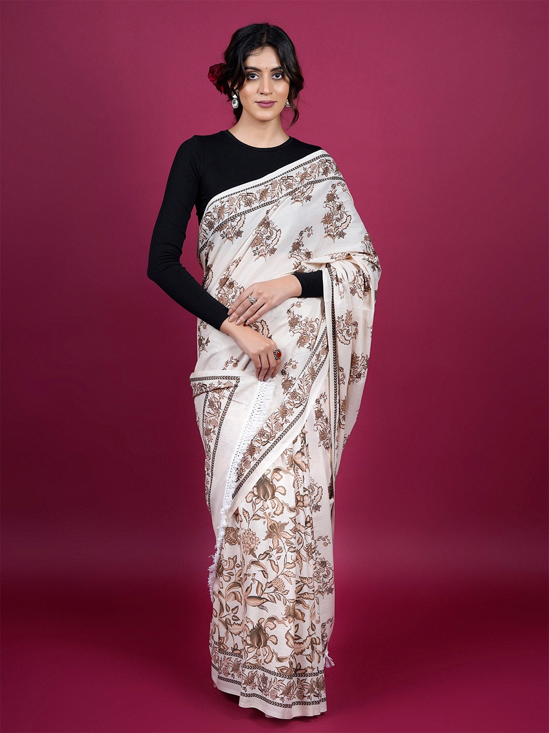 

BUTA BUTI Floral Printed Pure Cotton Saree, White