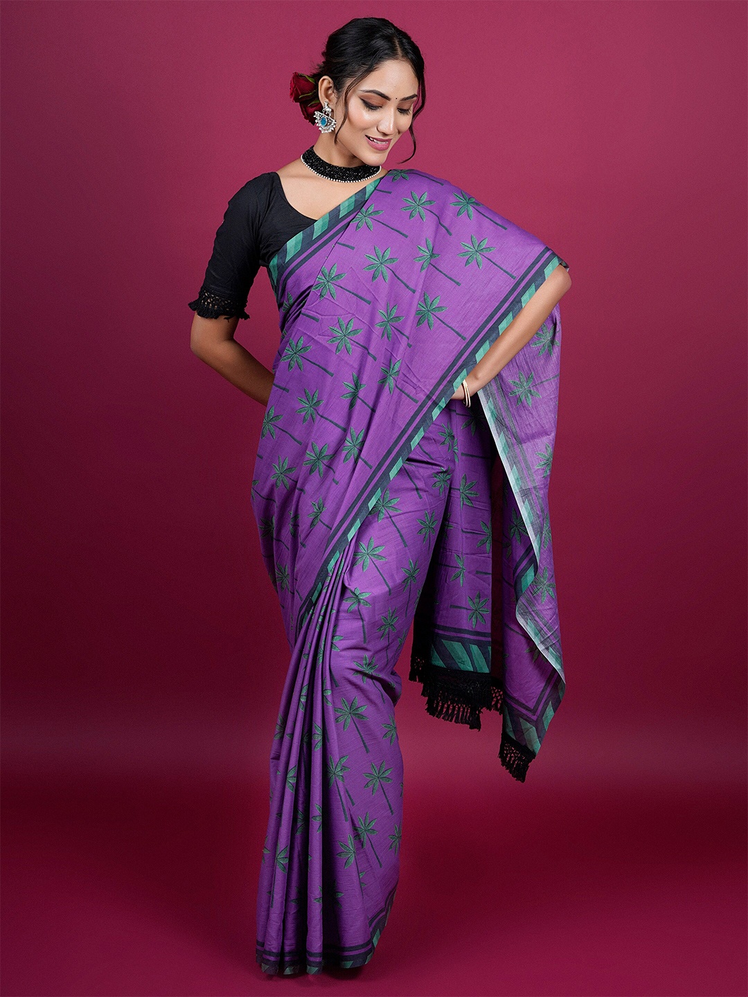 

BUTA BUTI Floral Printed Pure Cotton Saree, Purple