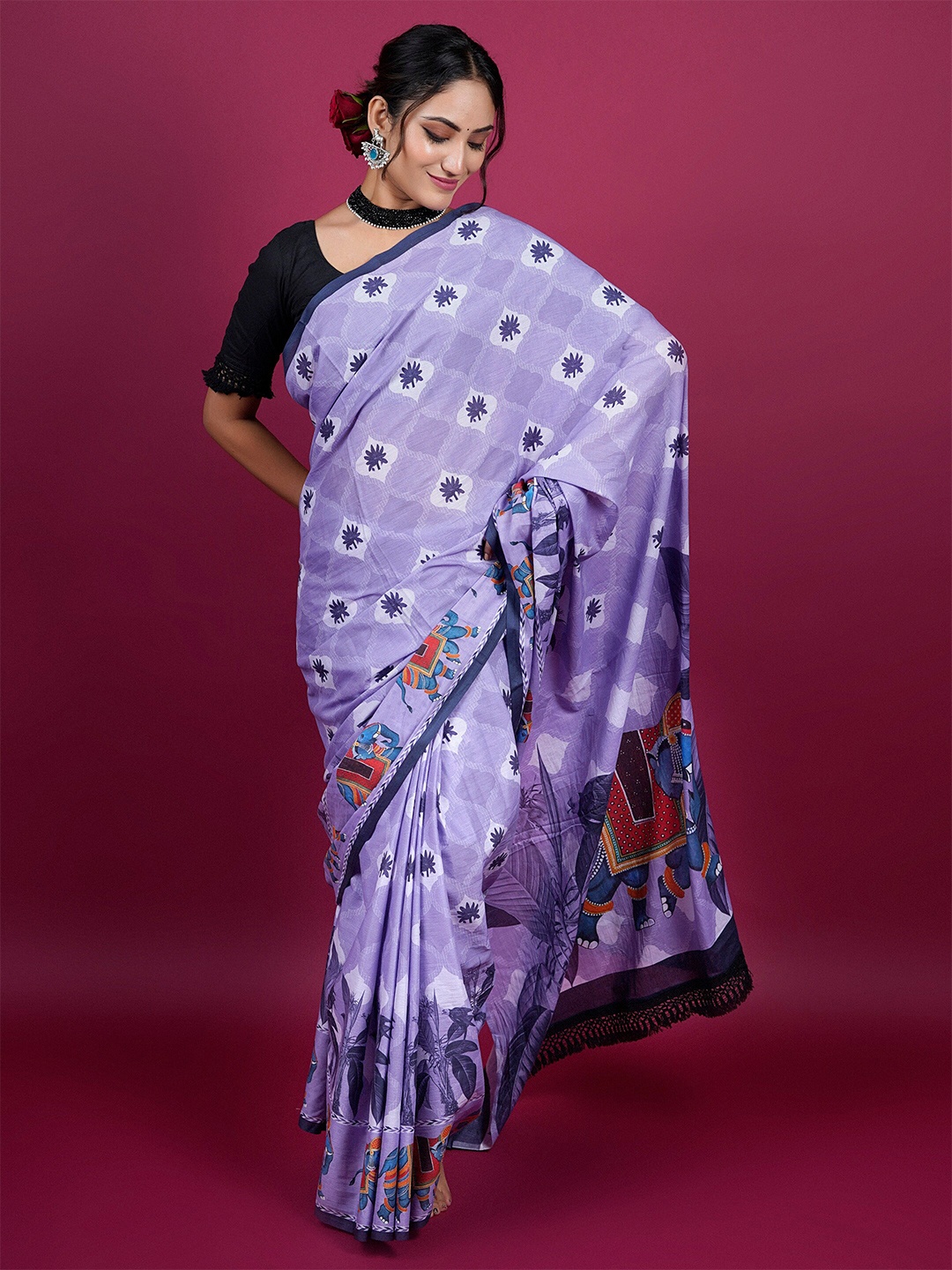 

BUTA BUTI Floral Printed Pure Cotton Saree, Purple