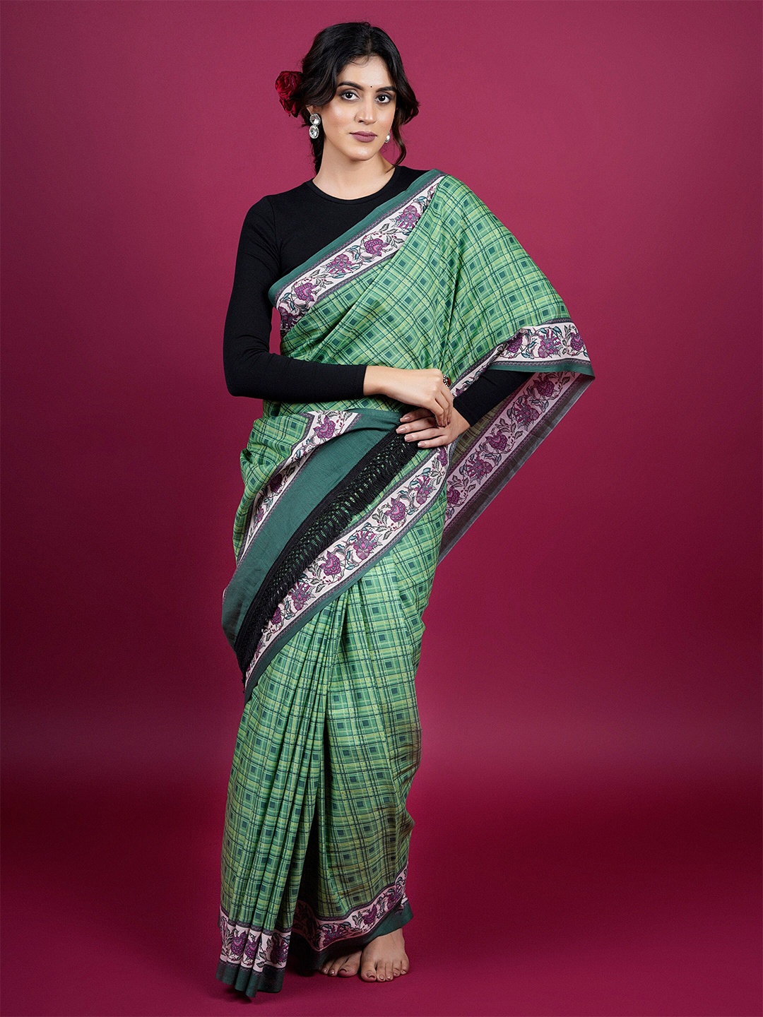 

BUTA BUTI Checked Printed Pure Cotton Saree, Green