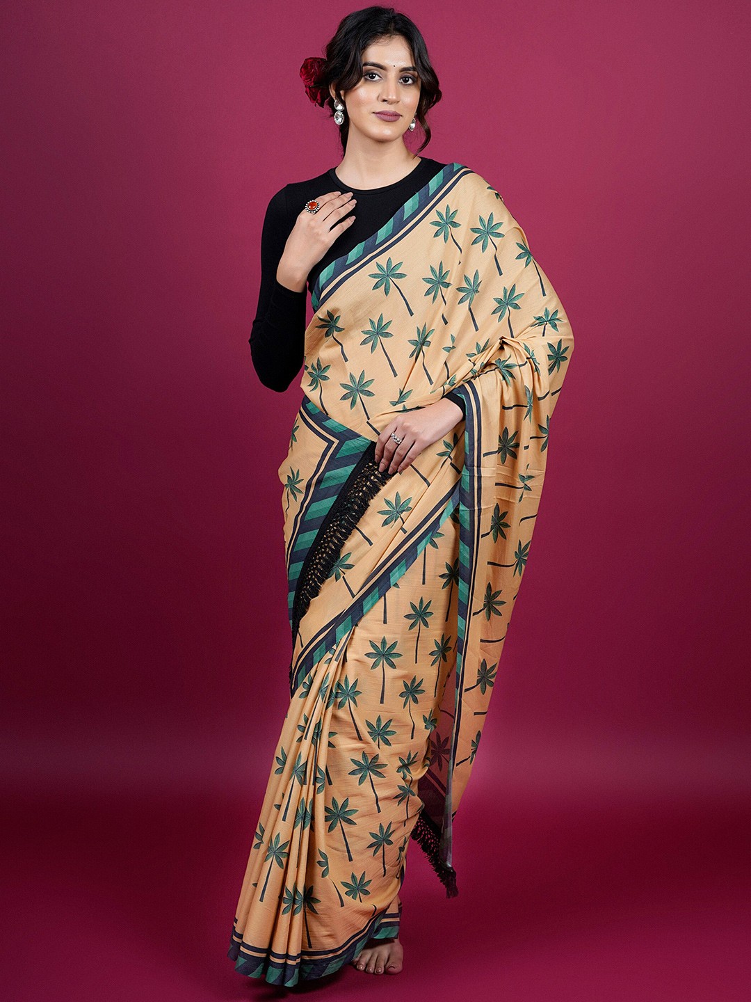 

BUTA BUTI Floral Printed Pure Cotton Saree, Yellow