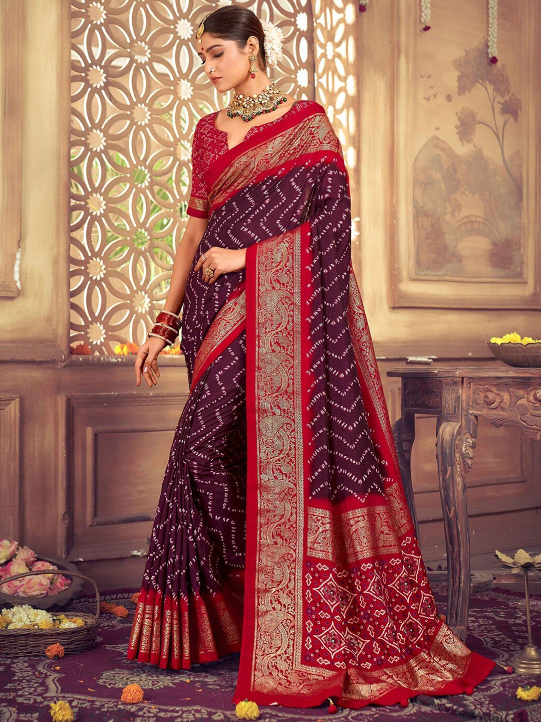 

Satrani Striped Woven Design Silk Cotton Fusion Saree, Purple