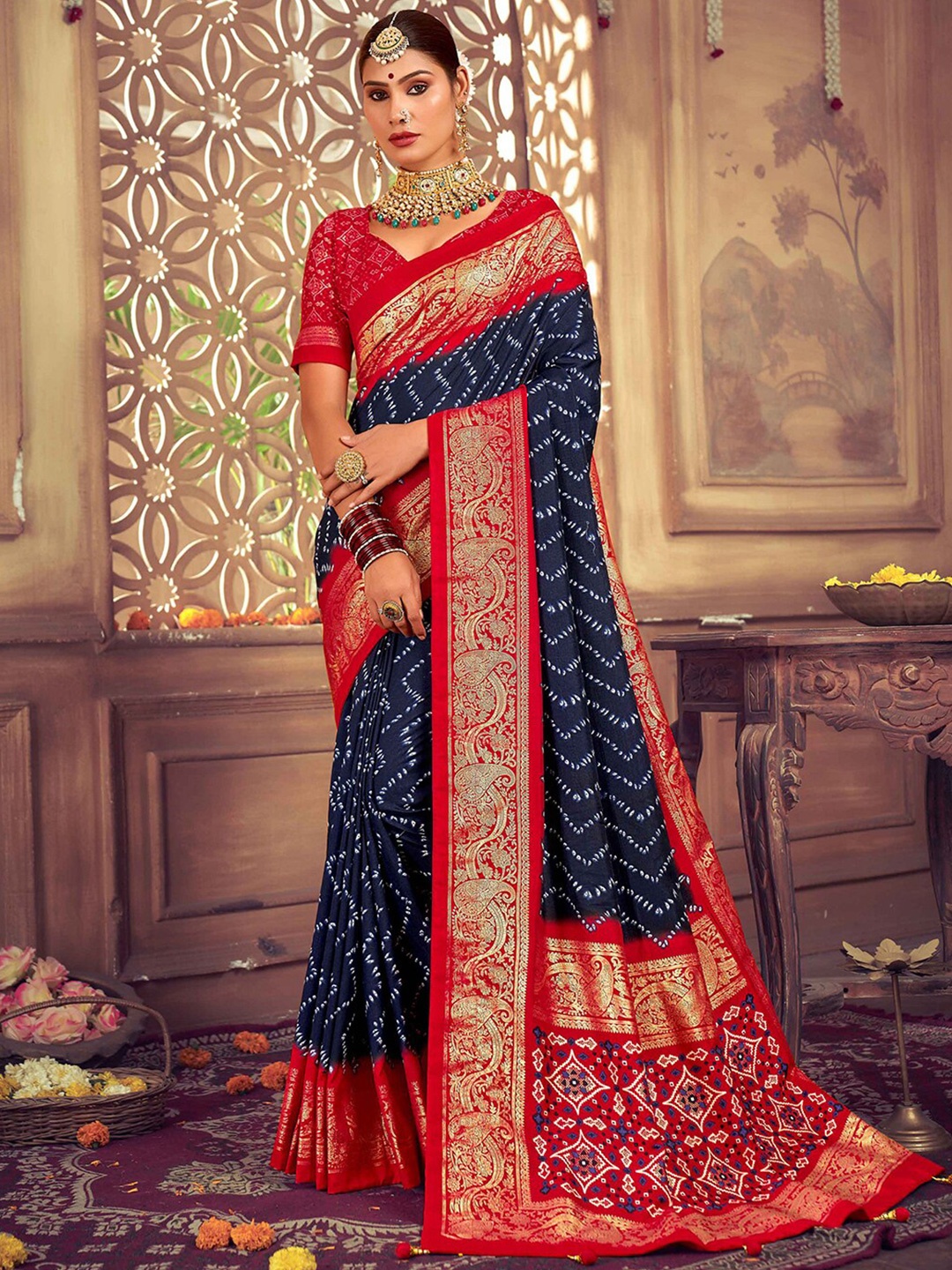 

Satrani Striped Silk Cotton Fusion Saree, Navy blue