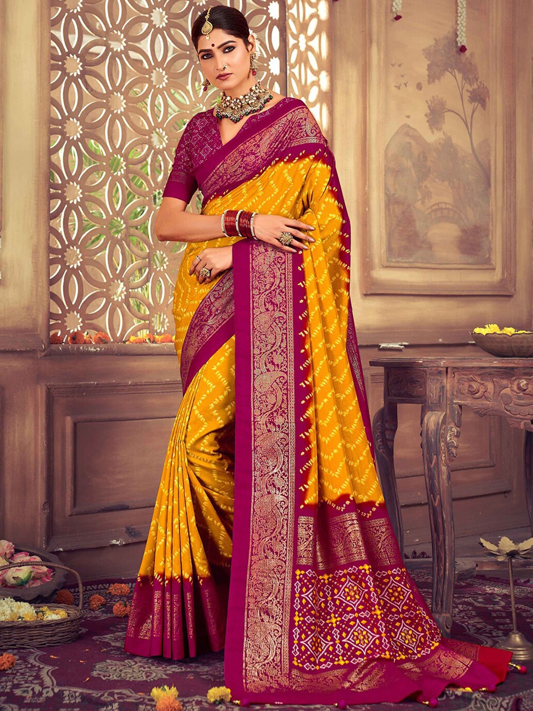 

Satrani Striped Silk Cotton Fusion Saree, Yellow