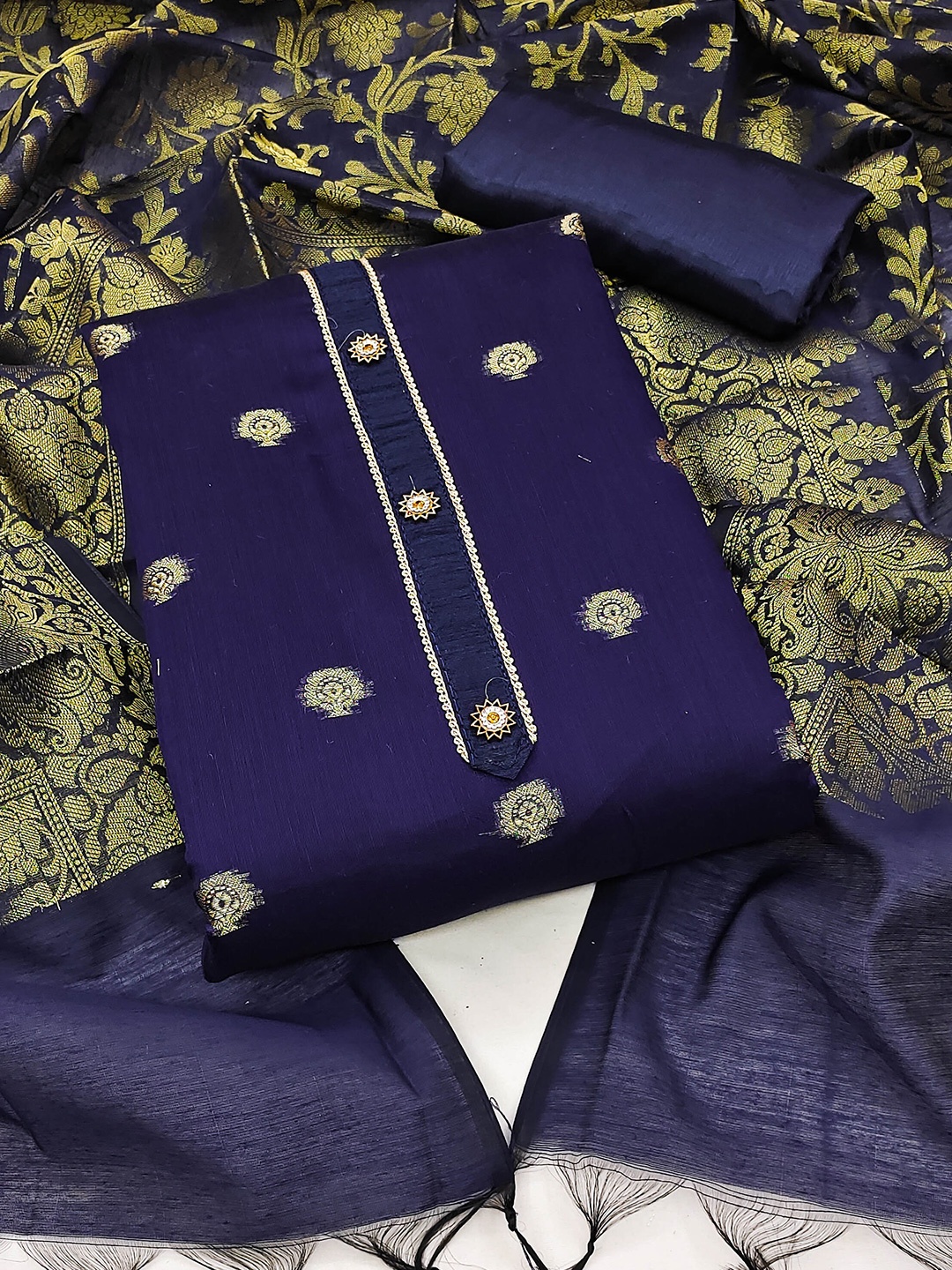 

MANVAA Ethnic Motifs Woven Design Unstitched Dress Material, Blue