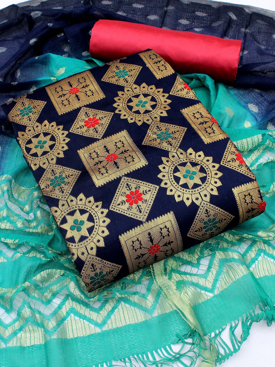 

MANVAA Ethnic Motifs Banarasi Jacquard Woven Design Unstitched Dress Material, Navy blue