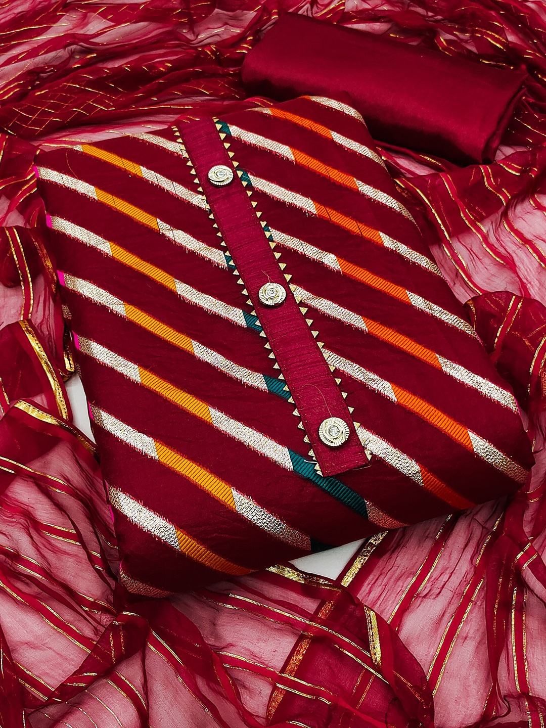

MANVAA Striped Gotta Patti Detailed Organza Unstitched Dress Material, Maroon