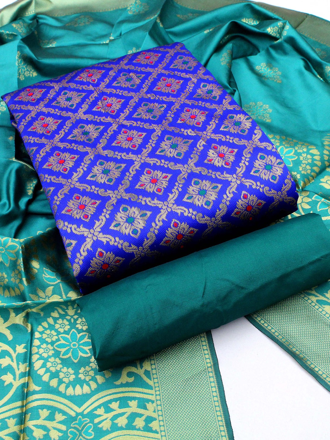 

MANVAA Ethnic Motifs Woven Design Banarasi Jacquard Unstitched Dress Material, Blue