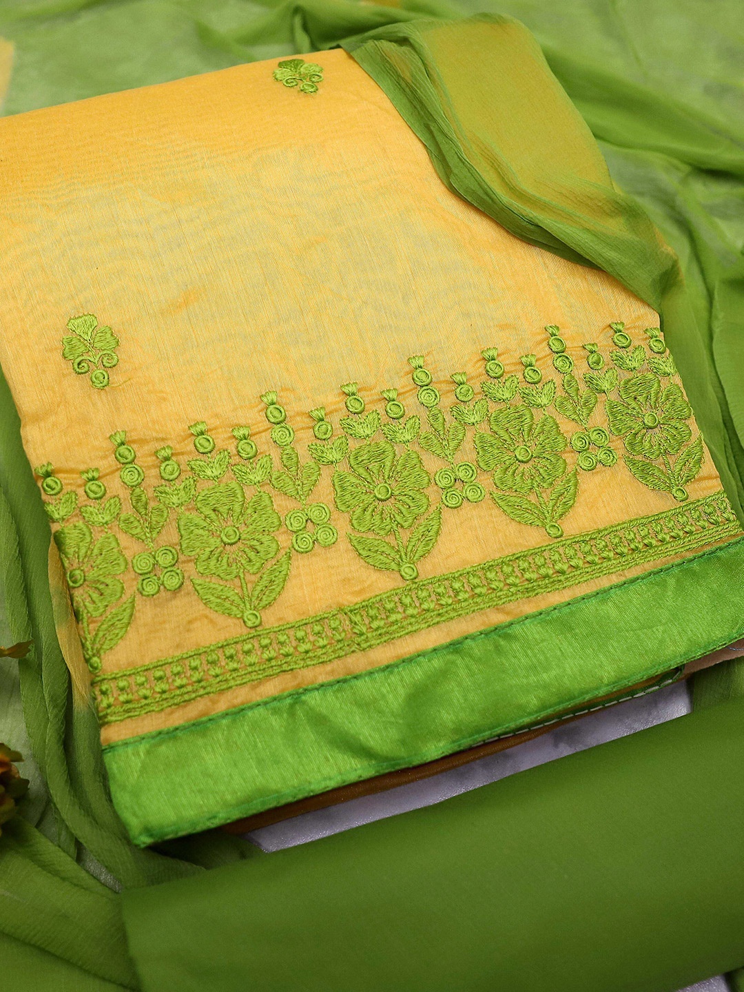 

MANVAA Ethnic Motifs Embroidered Unstitched Dress Material, Yellow