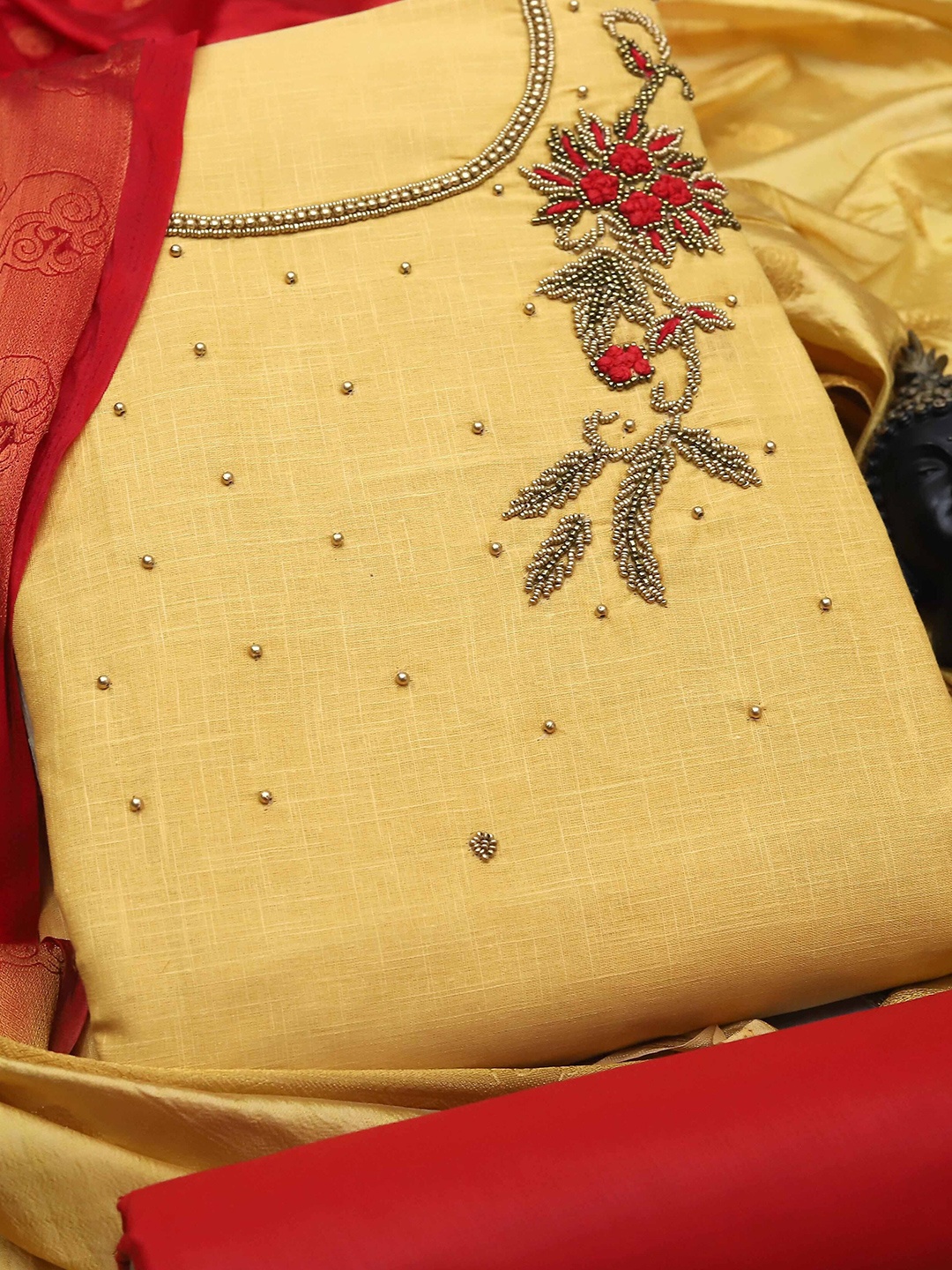 

MANVAA Embellished Unstitched Dress Material, Beige