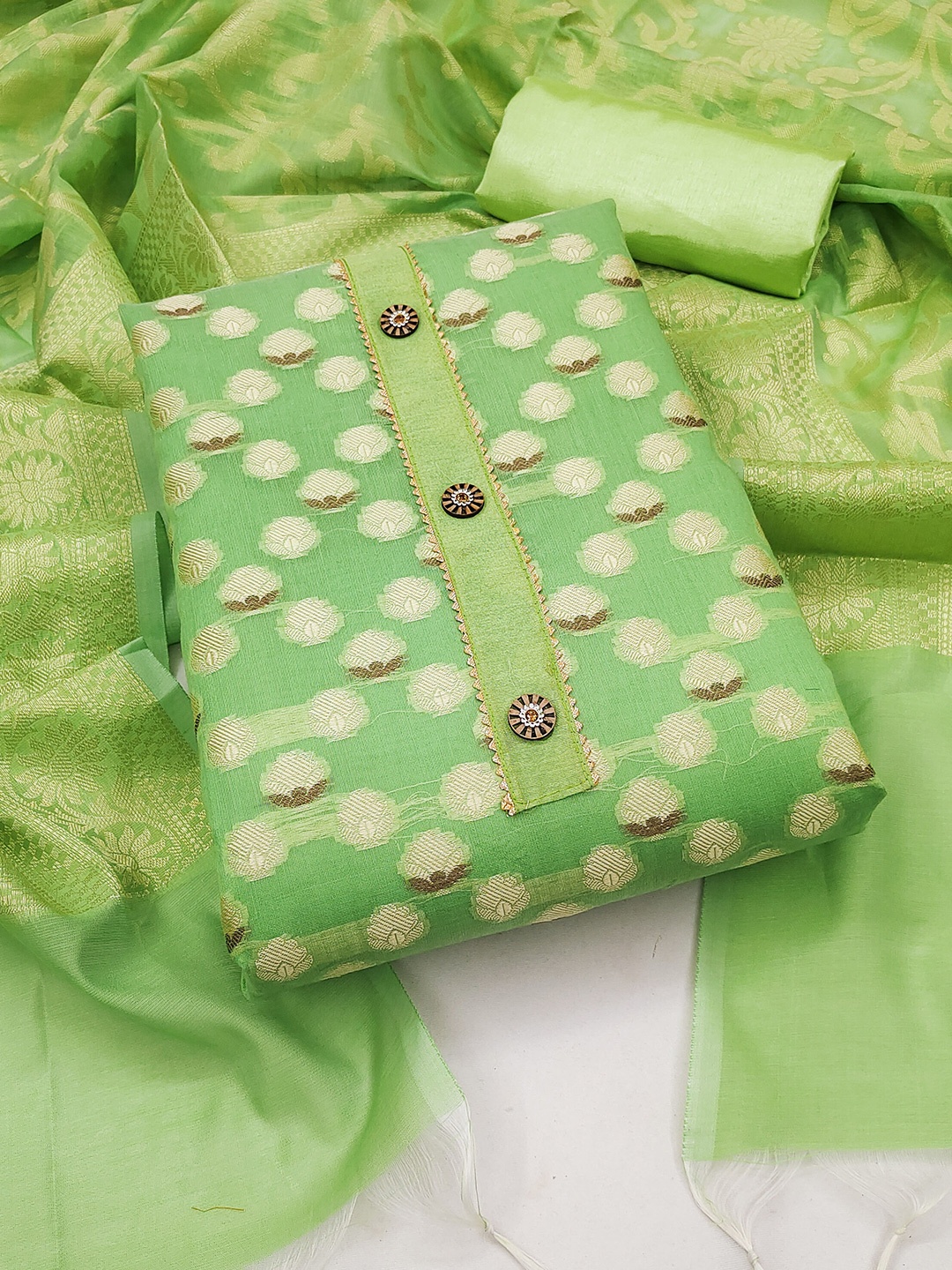 

MANVAA Ethnic Motifs Woven Design Unstitched Dress Material, Green