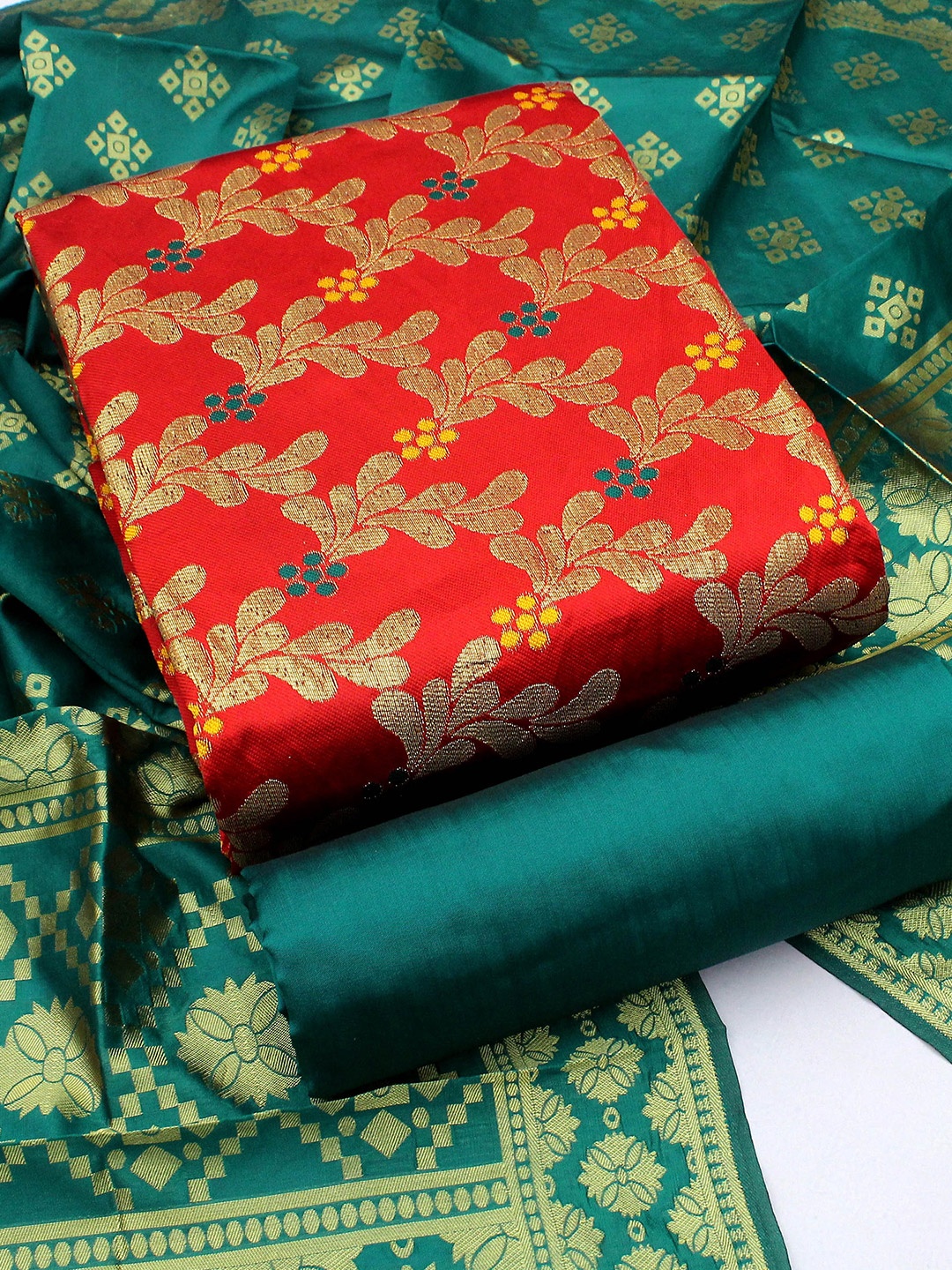

MANVAA Ethnic Motifs Woven Design Banarasi Jacquard Unstitched Dress Material, Red