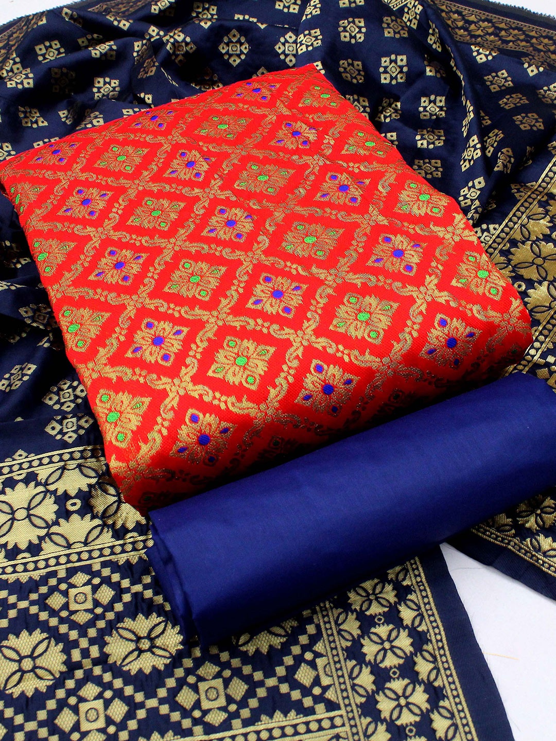 

MANVAA Ethnic Motif Woven Design Unstitched Dress Material, Red