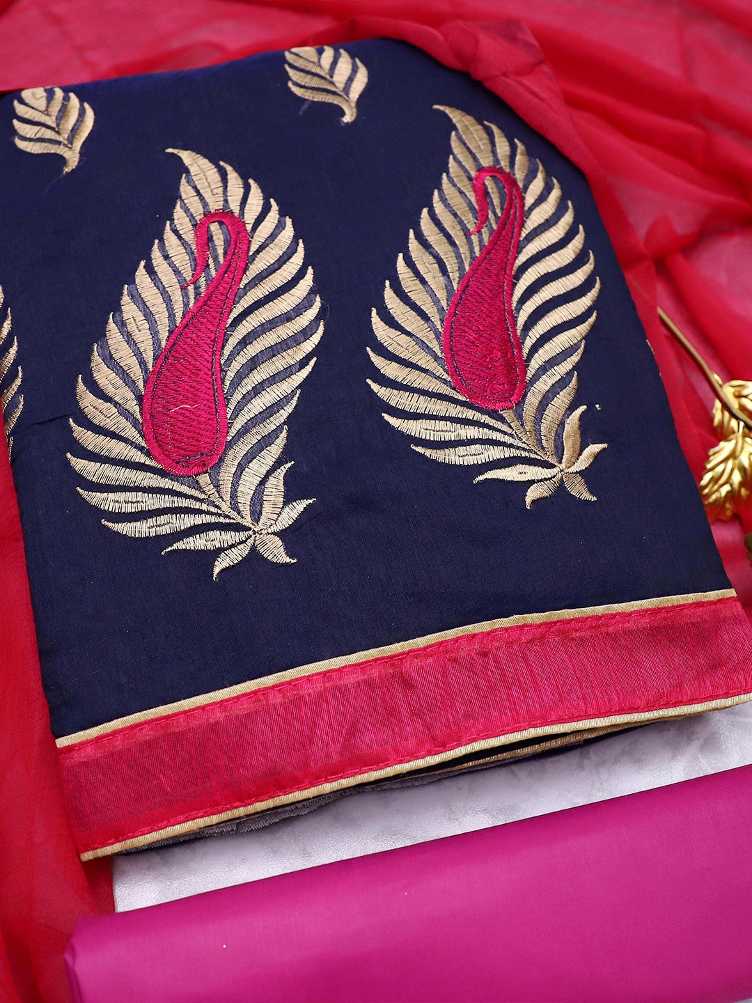 

MANVAA Floral Embroidered Unstitched Dress Material, Blue