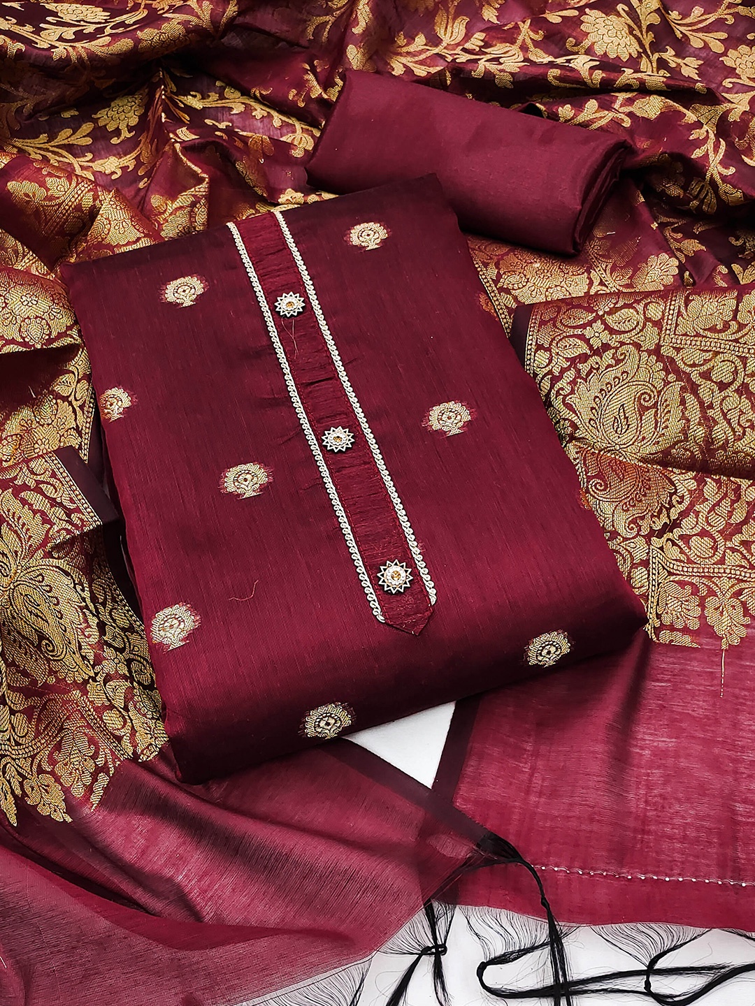 

MANVAA Ethnic Motif Woven Design Unstitched Dress Material, Maroon