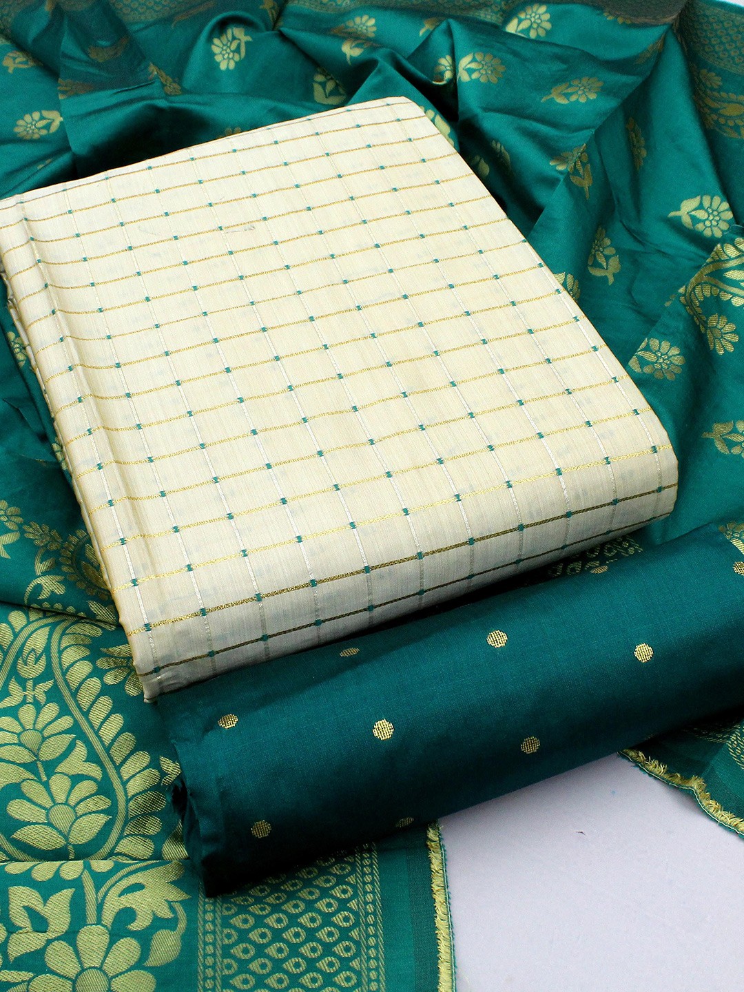 

MANVAA Banarasi Jacquard Unstitched Dress Material, Beige