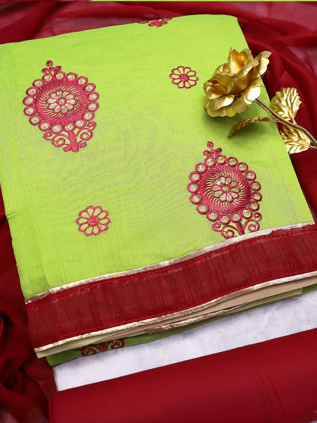 

MANVAA Floral Embroidered Chanderi Cotton Unstitched Dress Material, Green