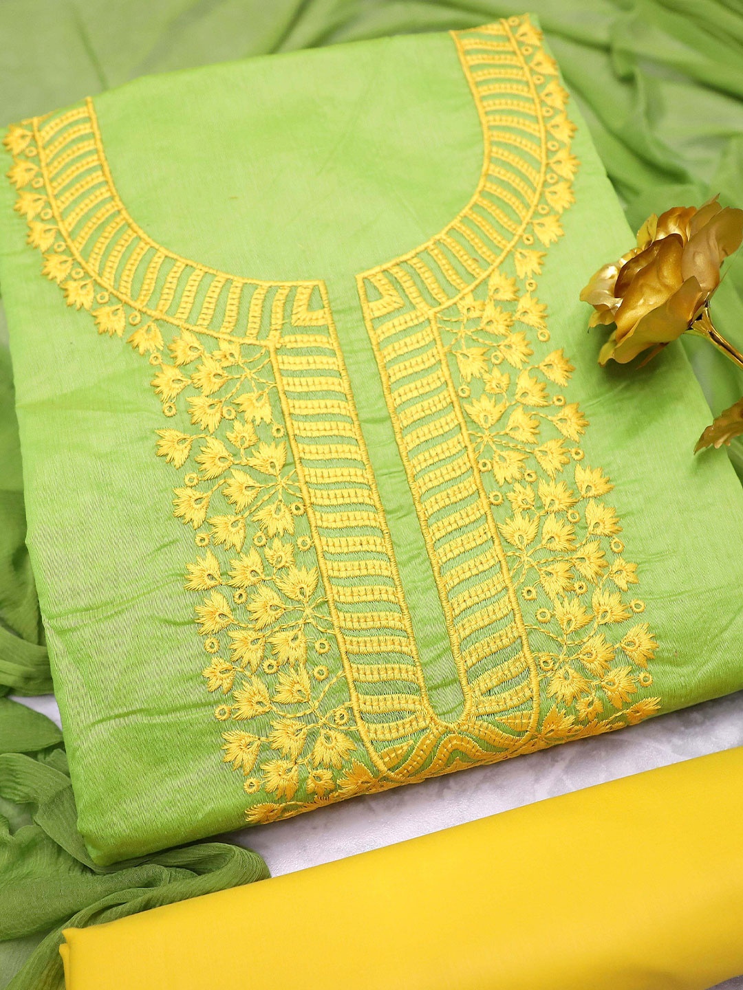 

MANVAA Floral Embroidered Unstitched Dress Material, Green