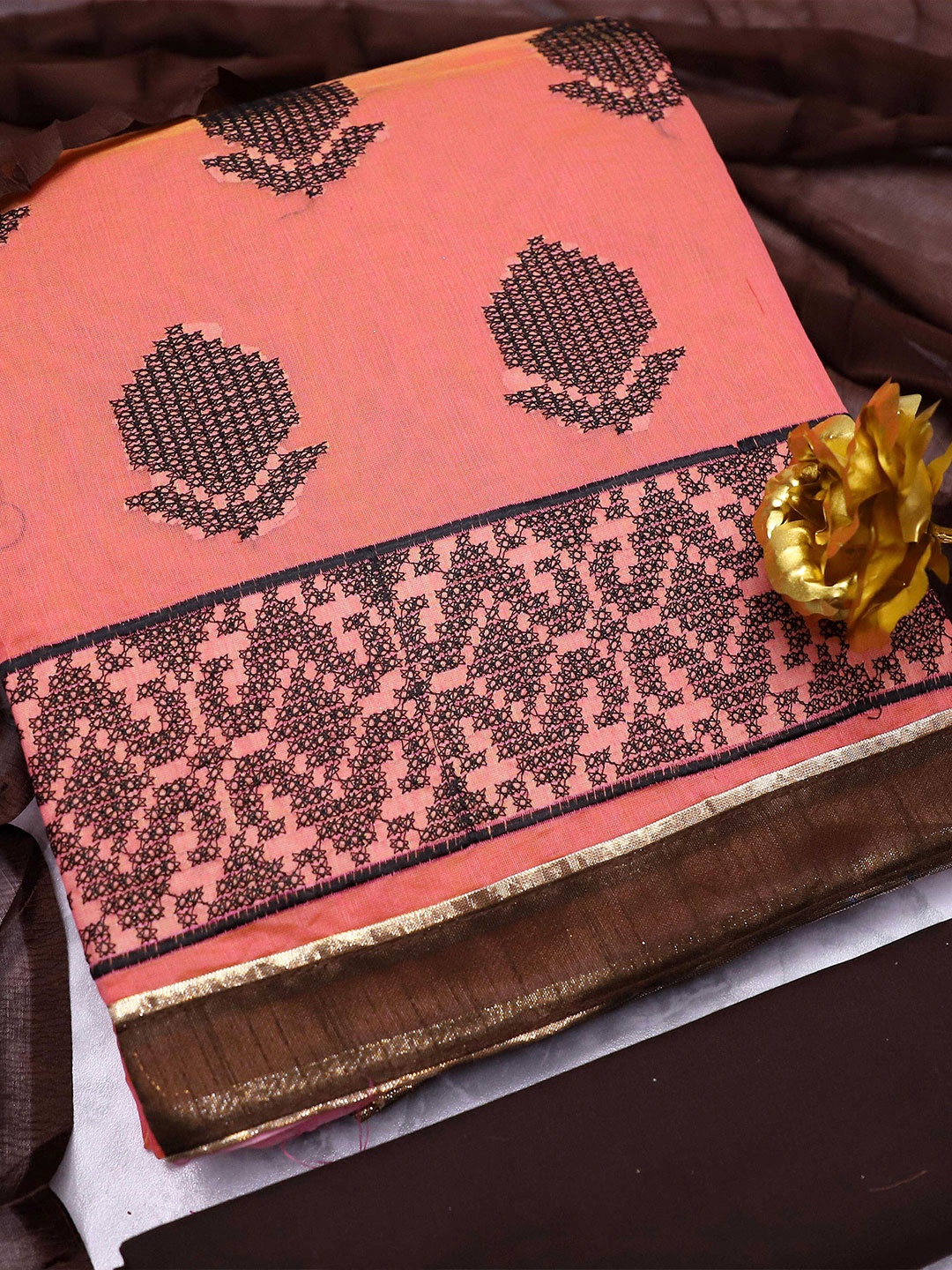 

MANVAA Embroidered Unstitched Dress Material, Peach