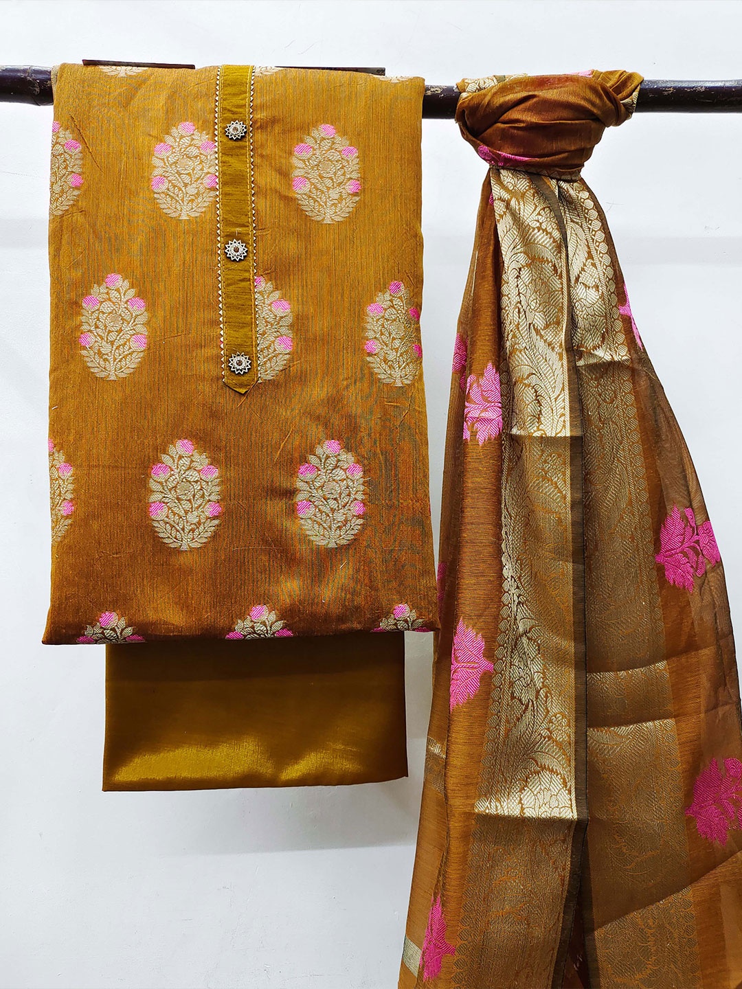 

MANVAA Ethnic Motifs Woven Design Unstitched Dress Material, Mustard