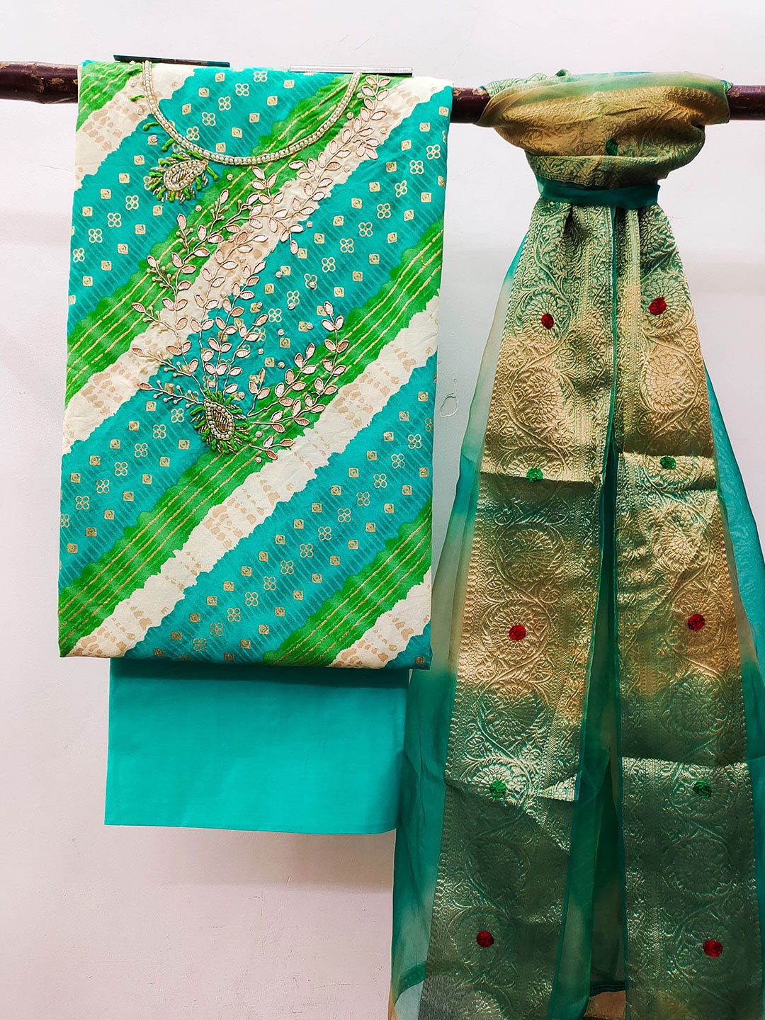 

MANVAA Ethnic Motifs Printed Beads And Stones Unstitched Dress Material, Blue