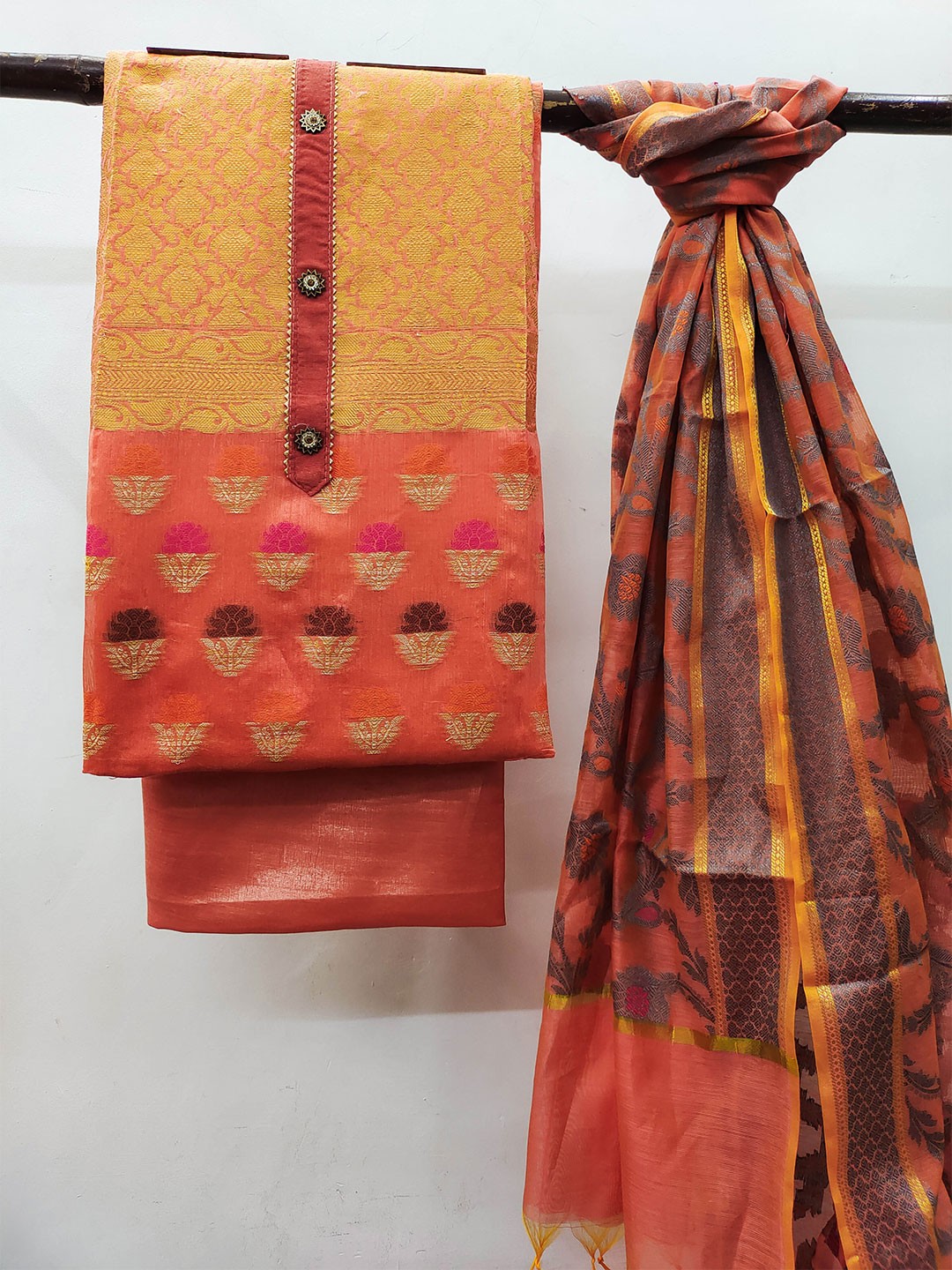 

MANVAA Ethnic Motifs Woven Design Unstitched Dress Material, Peach