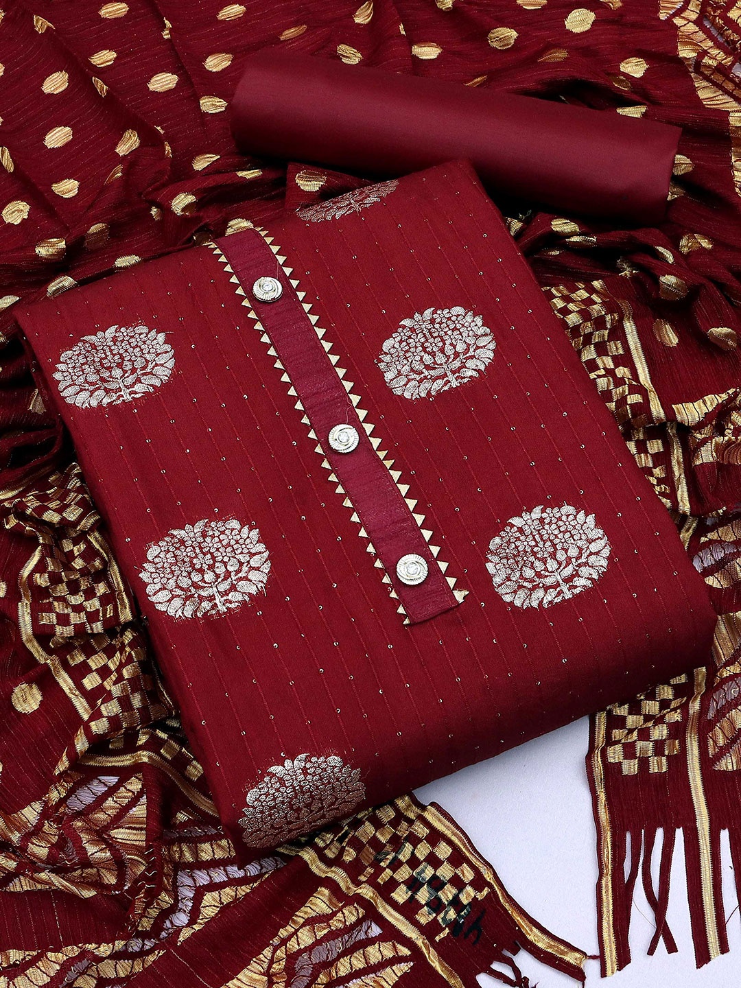 

MANVAA Ethnic Motifs Woven Design Unstitched Dress Material, Maroon