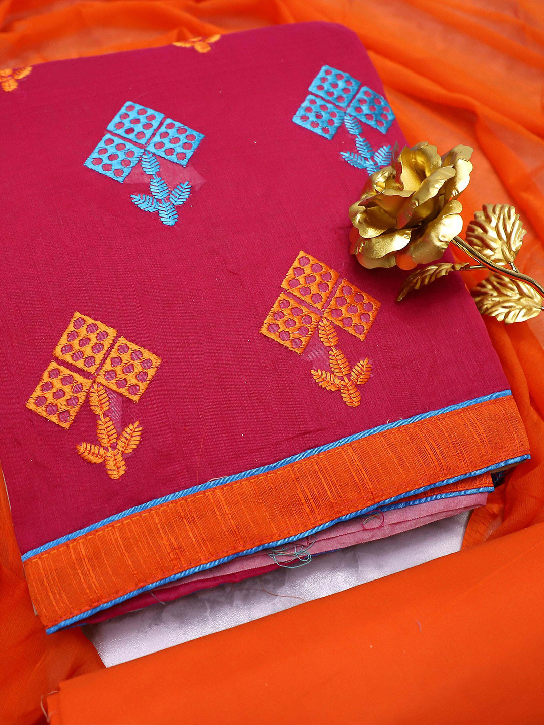 

MANVAA Ethnic Motifs Embroidered Unstitched Dress Material, Pink